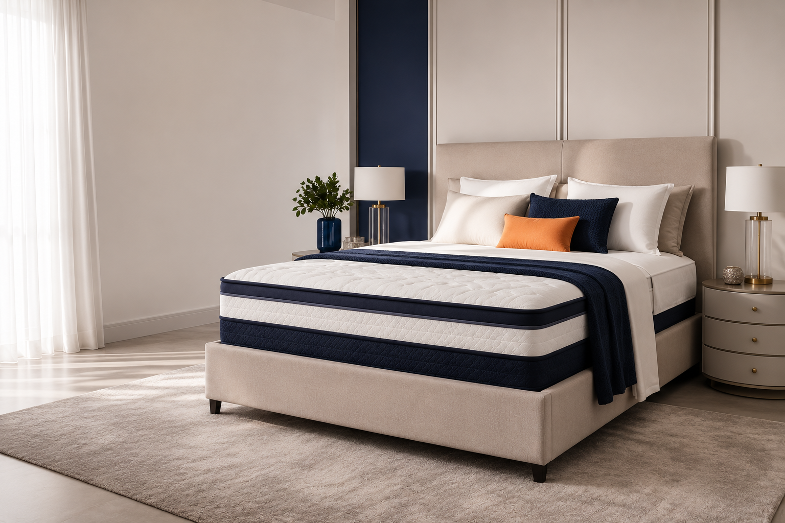 Quarto claro com cama e colchão de acabamento premium